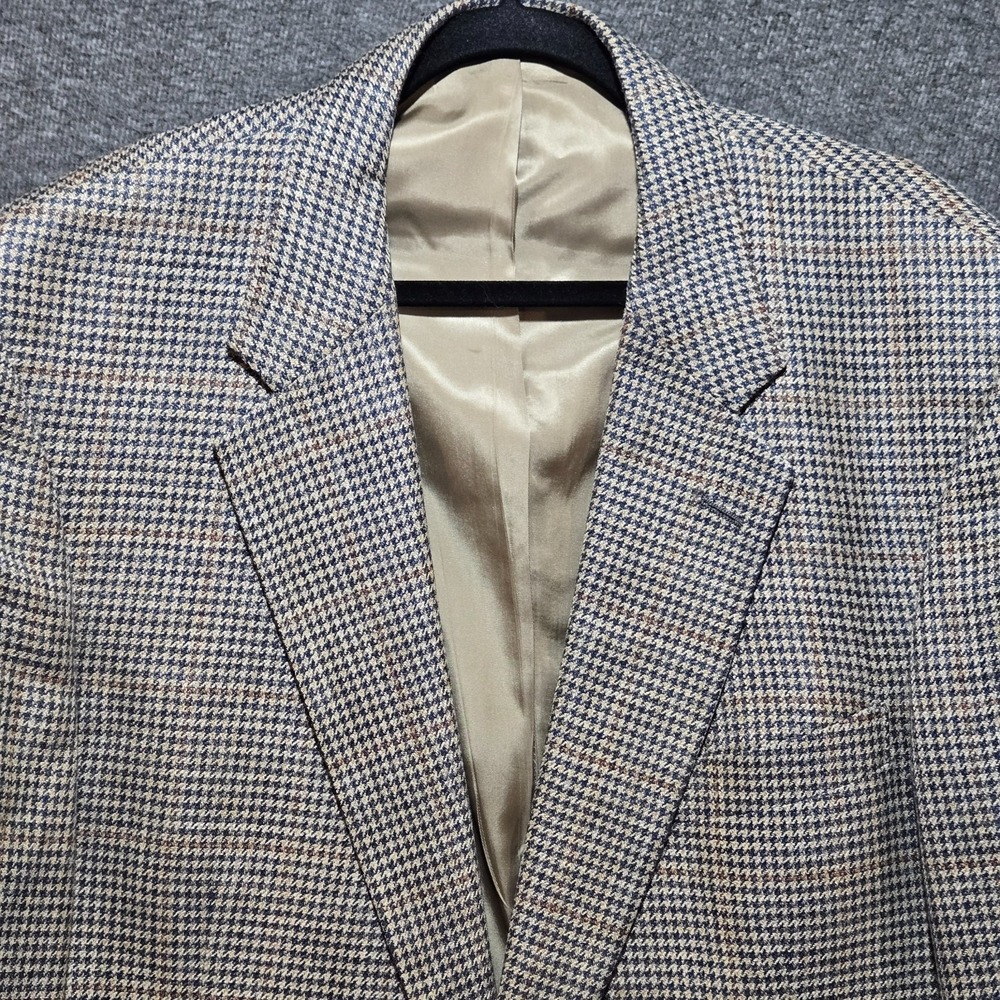 Brooks Brothers Mens Sport Coat 48r Beige / Blue Houndstooth Plaid Jacket Wool